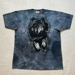 Vintage/Y2K 2006 The Mountain Leather Tag Tear Through Wolf Tie Dye Graphic Tee